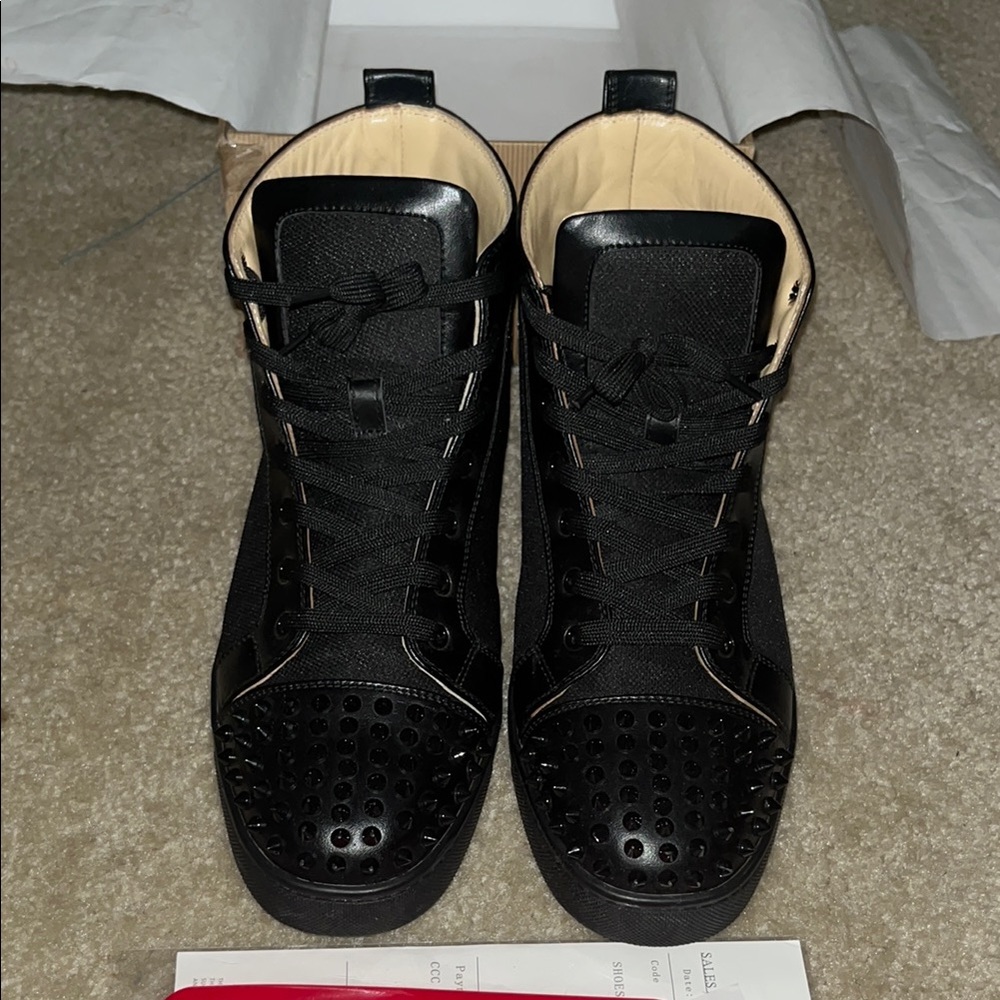 Christian Louboutin Lou Spikes high top sneakers with Brown Shoe Box & white bag